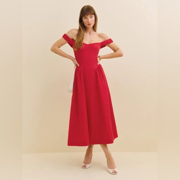 NEW Reformation Monet Linen Midi Dress Lipstick Red Off-Shoulder | size 0 - Picture 2 of 14